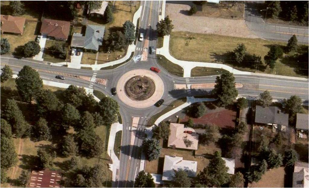 Essential Roundabout Characteristics Separated sidewalks direct peds to crosswalks Splitter island Slow speed exit Truck apron Crosswalk 1 car length back Lots of deflection = slow speeds throughout
