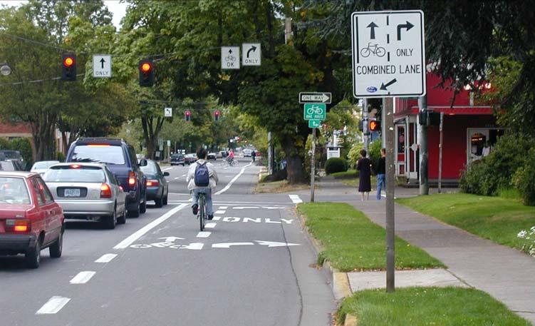 Salem OR A combined right turn lane and through bike lane is a reasonable compromise in constrained conditions BICYCLE SIGNAL FACE MUTCD Interim Approval IA-16 Experiments used for: Bicyclist