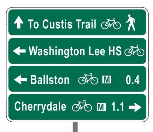 The legend is customized for the direction of travel along the route by replacing the term BIKE ROUTE with a specific route destination; i.e. CHAINBRIDGE, ROSSLYN, BALLSTON, etc.