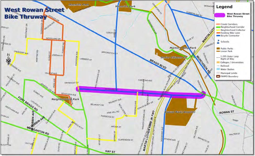 Bike Thruway Bike Thruway is recommended as a pilot project for the FAMPO area, along West Rowan Street near downtown Fayetteville (Map 6.3, below).