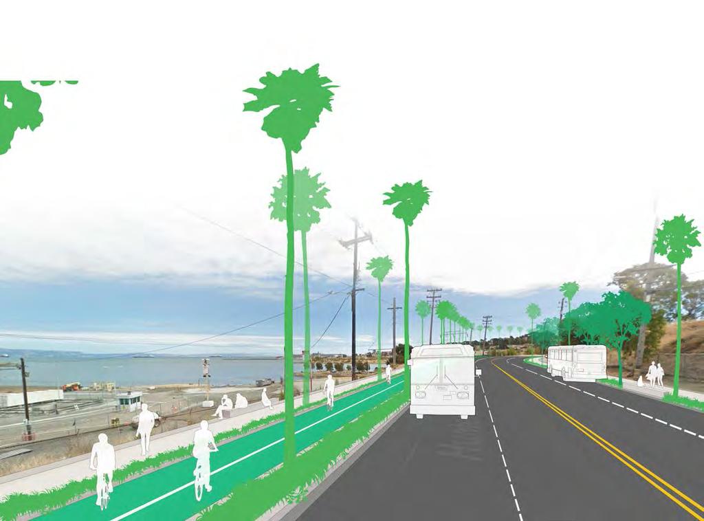 This view shows the two-way cycle-track and street tree planting along Hunters Point Boulevard.