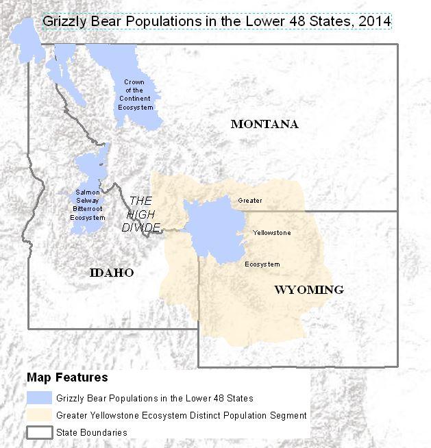 Figure 4. Map depicting the current grizzly bear habitat in the Lower 48 states in the context of the High Divide.