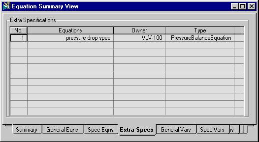 2-32 Equation Summary Property View 2.3.5 Extra Specifications Tab When the Full Analysis or Partitioned Analysis buttons are clicked, and Aspen HYSYS determines that too many specifications were