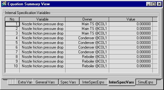 2-36 Equation Summary Property View 2.3.10 Internal Specifications Variables Tab The InterSpecVars tab contains the list of Internal Specification Variables that are used by the integrator for dynamic simulation.