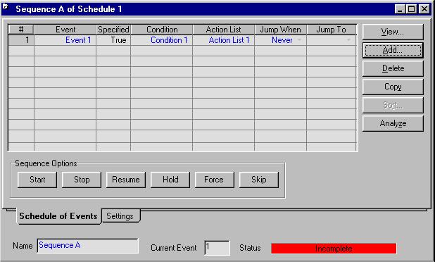 2-54 Event Scheduler 2.5.3 Sequence Property View When you select a particular sequence from the tree browser of the Event Scheduler property view, the Sequence property view appears. Figure 2.