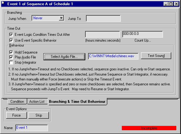 Dynamic Tools 2-69 Branching & Time Out behavior Tab The information contained on this tab is not necessary for an event to be completely defined.
