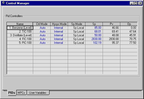 Dynamic Tools 2-73 If the Sequence RunMode is One Shot and the last event in the list executes, the status changes from Waiting to Complete and the Sequence is reset. 2.6 Control Manager The Control Manager is a summary of the PID Controllers and MPC Controllers contained within the current simulation.