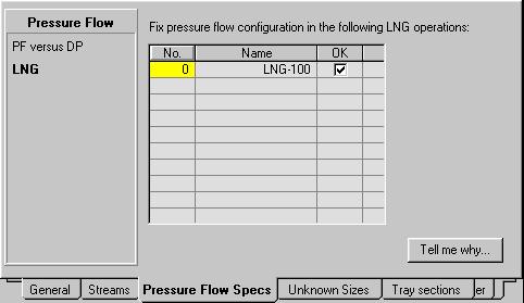 Dynamic Tools 2-15 LNG Page The LNG page indicates which LNG exchangers are currently specified with a pressure drop specification or which LNGs are missing k values (depending on the dynamic rating