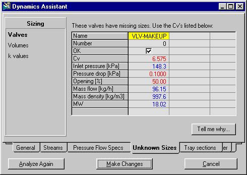2-16 Dynamics Assistant By default, any valve Cv values which are calculated to be less than 50 are defaulted to 50. Figure 2.11 It is possible to change any of the sizing data for the valve.