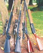 Left: Suitable firearms Ruger 10/22 (self-loading), Ruger 77/22 (bolt-action), Winchester (lever action), Franchi 12G (self-loading).