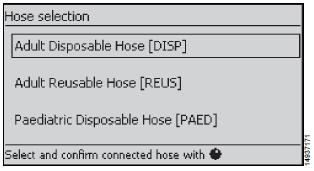 If the rotary button is not pressed during the self-test the Hose selection page is displayed.