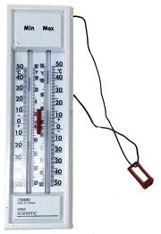 D MIN/MAX THERMOMETER Min/Max Thermometer is a useful tool to help keep track of degree days which are an important part of biological monitoring, especially for insect and mite populations.