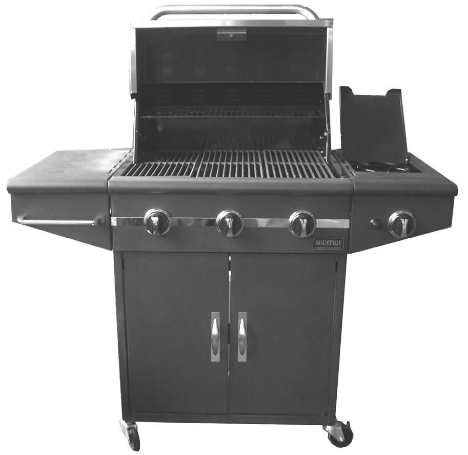 Grill Features 1 6 2 7 3 8 4 9 10 5 11 1. Roll top grill hood 2. Grilling/cooking surface 3. Side shelf 4. Towel bar 5. Control knobs: Main burners 6.