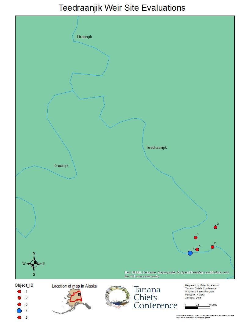 Figure 2. Location of weir sites evaluated on the Teedraanjik (Salmon Fork River).
