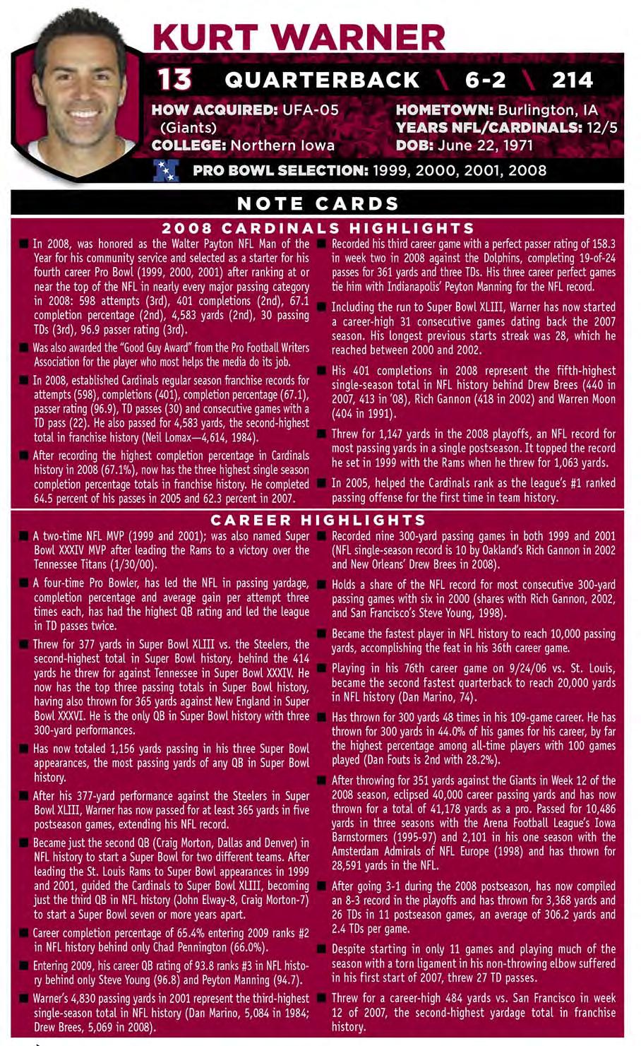 Kurt Warner, Page 7 Media Guide Excerpts 2009 Arizona Cardinals