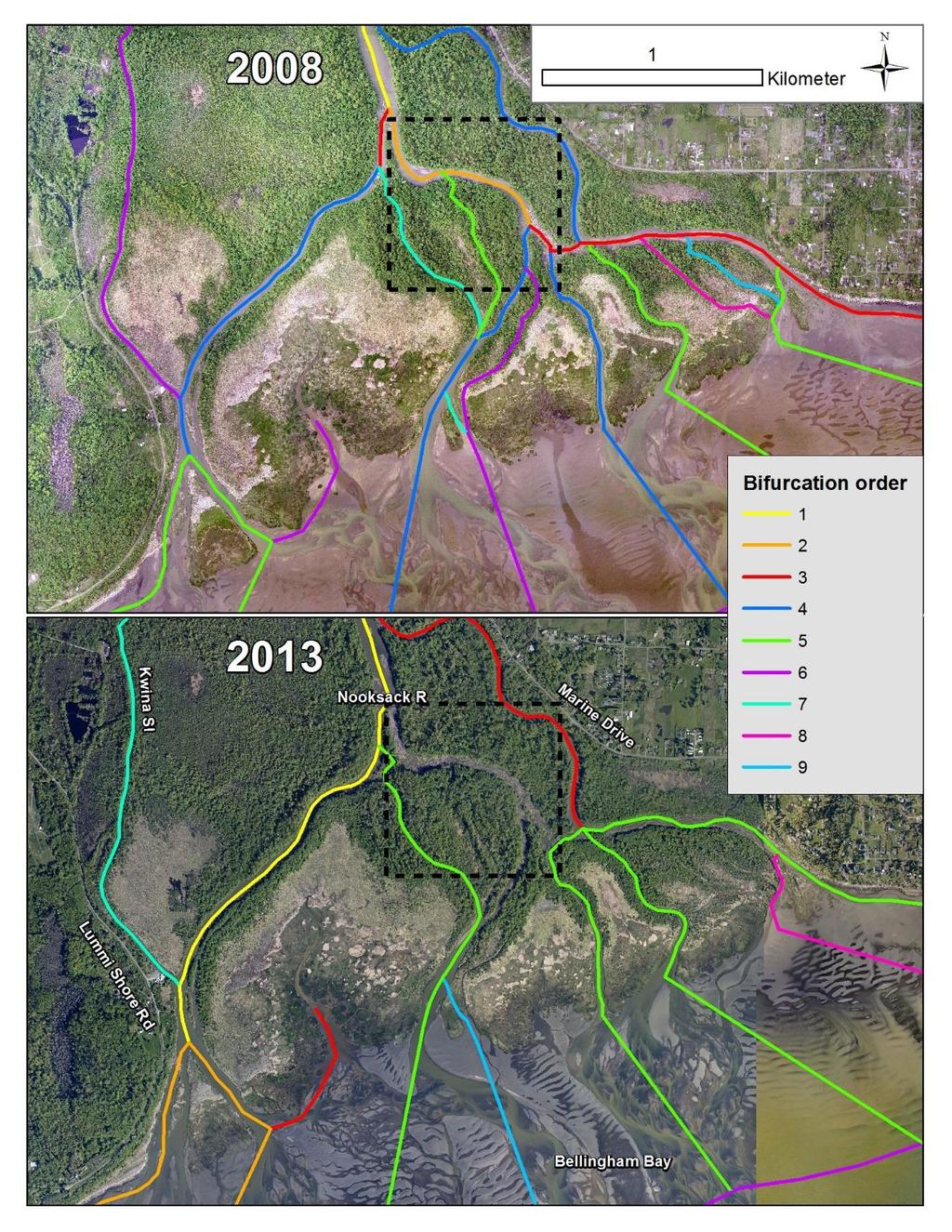 Figure 2.3.2. Pre-logjam fish pathways in 2008 (top panel) compared to post-logjam pathways in 2013 (bottom panel).