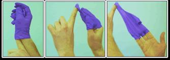 Remove gloves properly Without touching the bare skin, grasp the inside palm of your gloves with the fingers of the opposite hand and