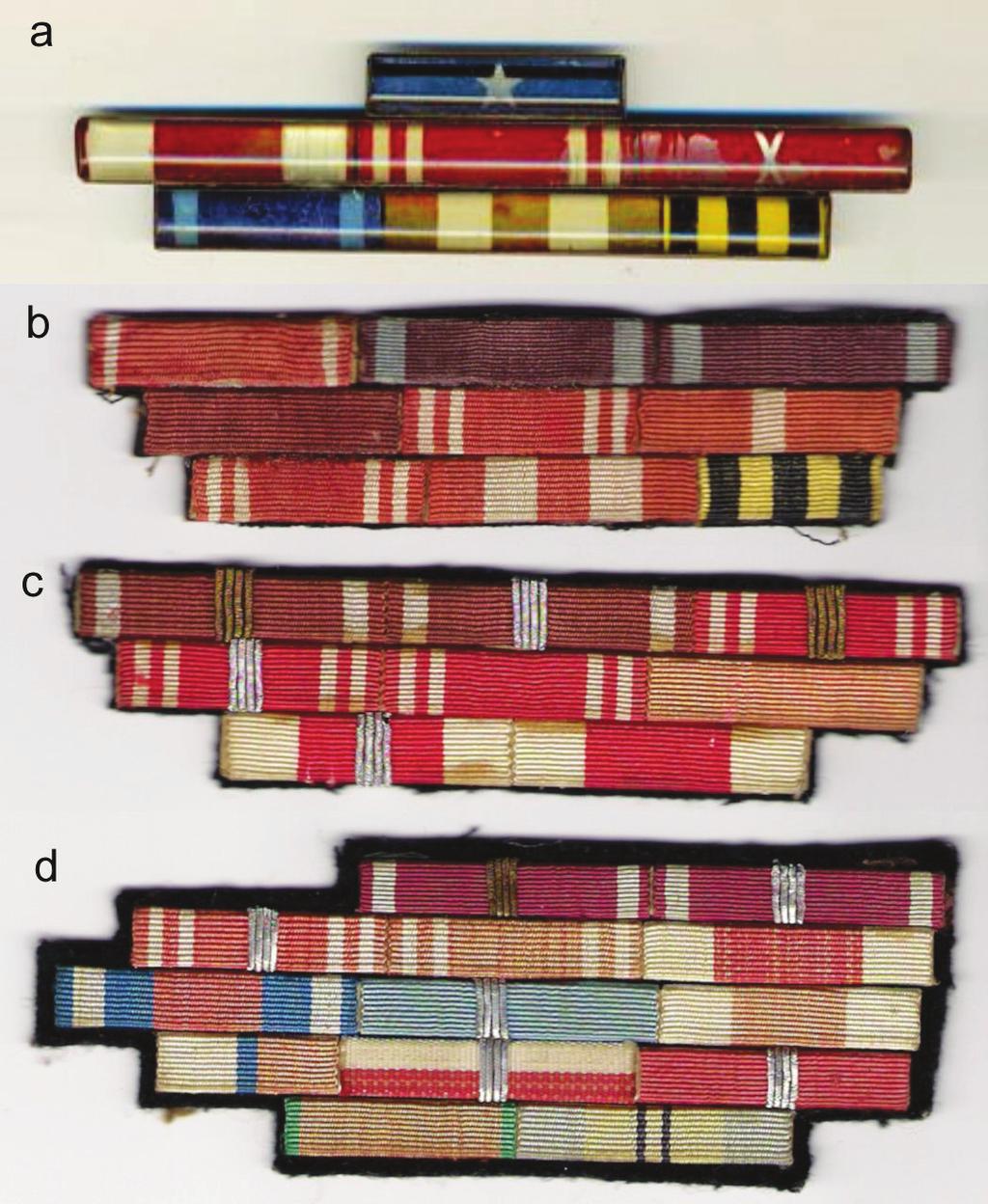 Figure 9: Different types of ribbon bars: metal ribbon frame with plastic or glass cover, borrowed from the Soviet Army and used in the first half of 1950s (a); pre-1954 (b) and post1954 (c, d)