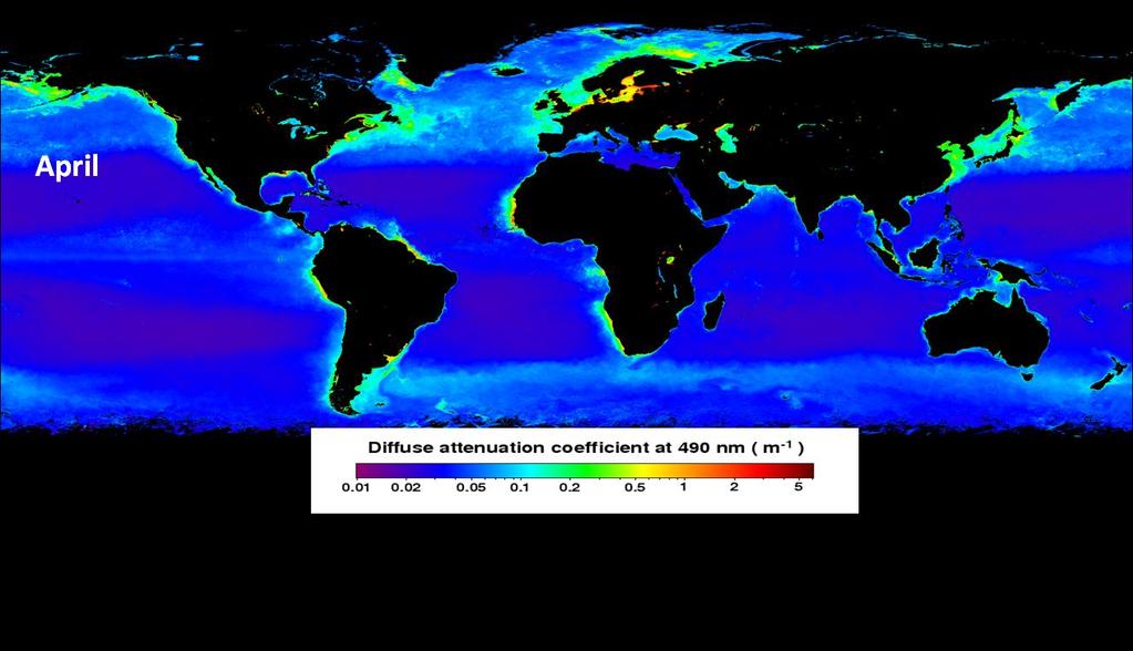 Figure 1. SeaWIFS Climatology of the Diffuse Attenuation Coefficient at 490 for April from 2002-2009. The legend indicates the depth in meters for 1, 2, and 3 optical depths (OD).