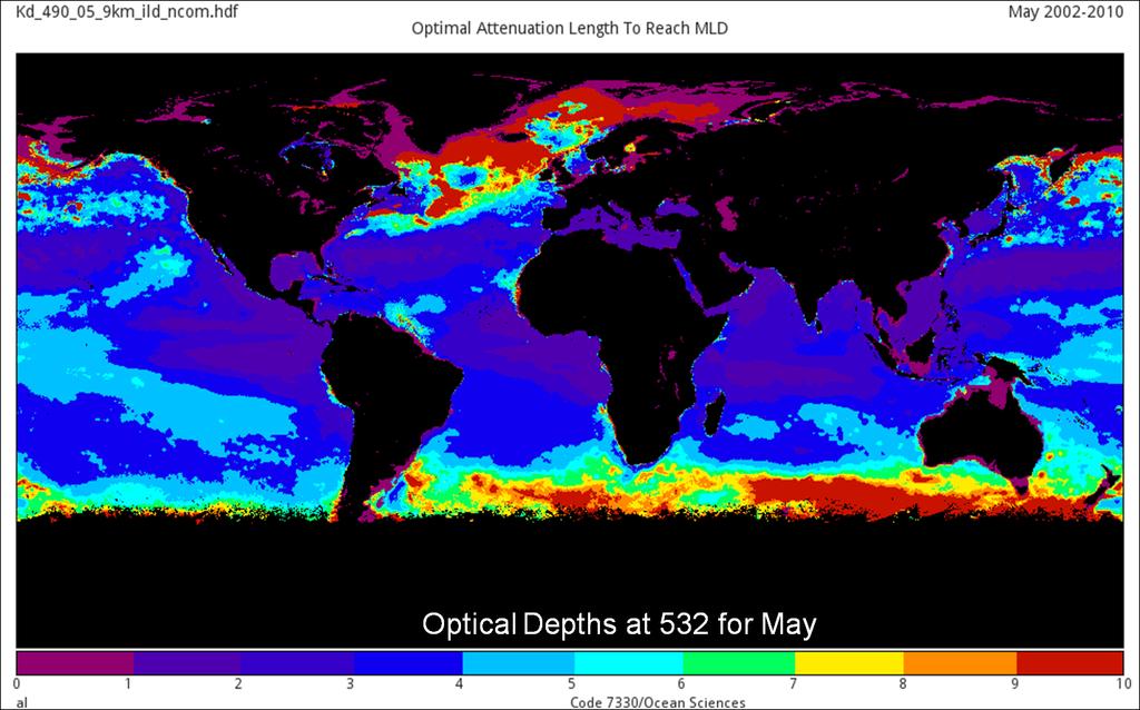 optical depths required to reach the mixed layer depth for the month of May (figure 2). Note that the large areas in dark blue are < 3 optical depths and cover a significant area of ocean waters.