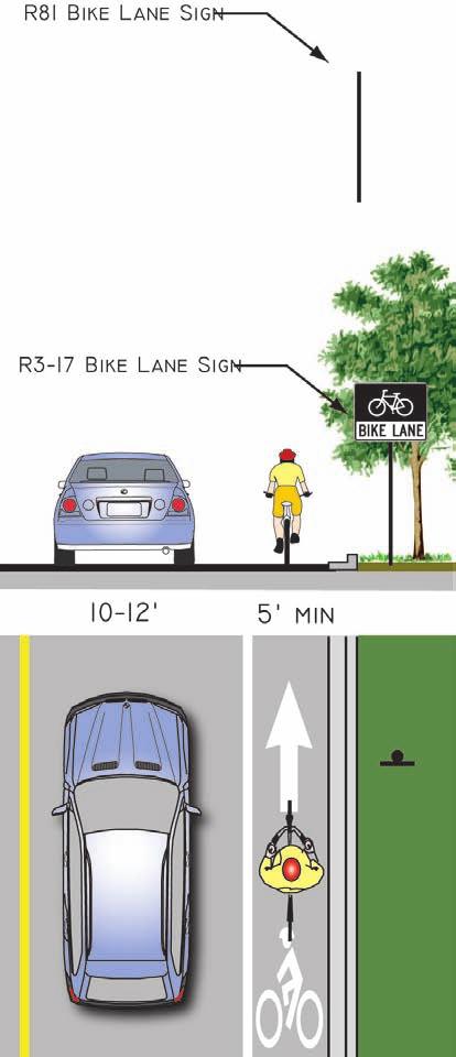 1.5.1.3. Bike Lane Without On-Street Parking Bike Lane Width 4 minimum when no curb & gutter is present. 5 minimum when adjacent to curb and gutter. Recommended Width: 6 where right-of-way allows.