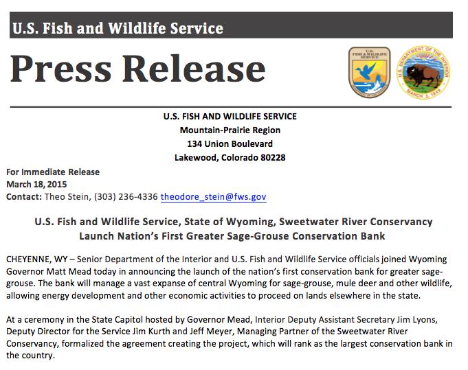 The Nation's First Conservation Bank for Greater Sage Grouse Interior Secretary Sally Jewell praised the announcement.