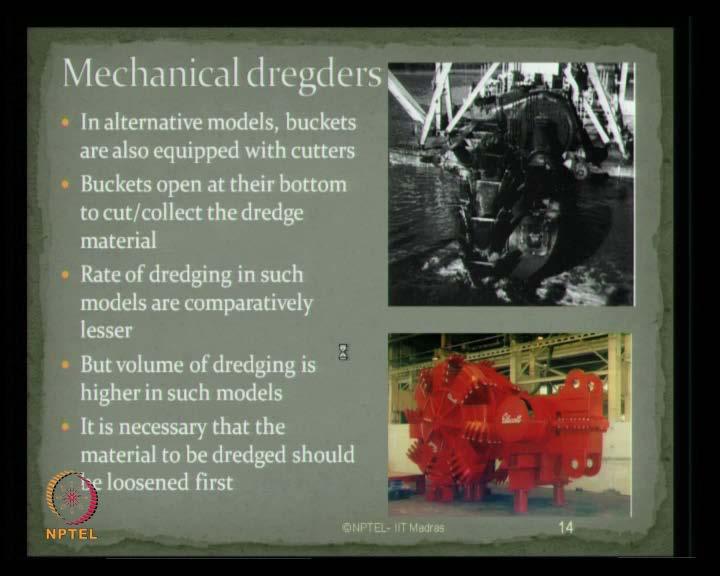 So, essentially, bucket dredger consists of a conveyor, which you see here with series of buckets that are capable of tilting to collect the dredged material.