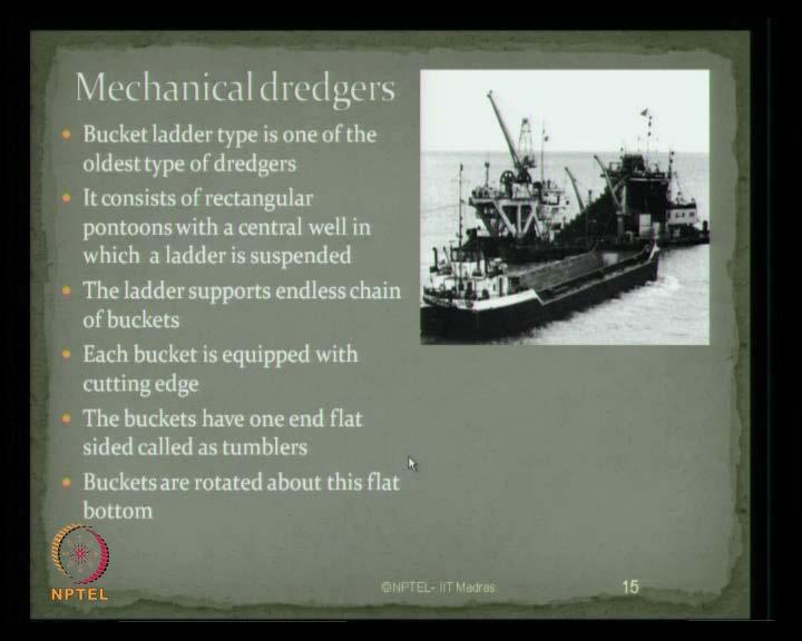 (Refer Slide Time: 12:51) Bucket ladder type is another kind of dredger, is mechanical type, which is being used since olden days.