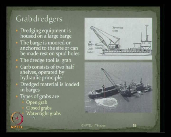 (Refer Slide Time: 15:16) The other type of mechanical dredger, you see in the picture, is grab dredgers.