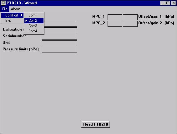 Chapter 5 Calibration and Adjustment 1. Choose the COM port in use from the file menu. 2. To open the connection click the Read PTB210-button. 3.