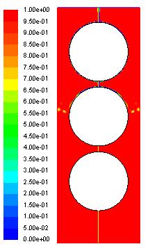 Falling film over cylinders at different times (a) the liquid film at the center of the first cylinder; (b) at the