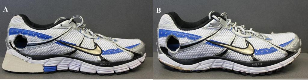 Figure 1: Modified running shoes used for the experiment. A: Wedged shoe condition. B: Flat shoe condition.