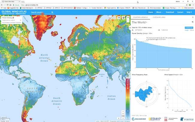 In 2015, DTU published the first global, highresolution wind climate data set accounting for high-resolution topographical effects. Figure 26. The Global Wind Atlas 1.