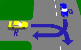 IN019 - Intersections At the T-intersection shown in the diagram which vehicle should give way? - Vehicle R. - Vehicle Q.