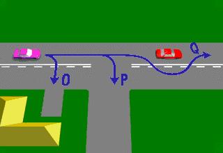 LD004 - Traffic Lights / Lanes Which movements shown in the diagram can legally be made by the driver of the purple car? - O and P only. - P only. - O, P and Q.
