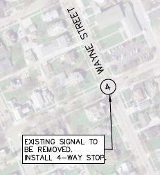 Wayne St. & Spring Street Remove existing traffic signal and install four-way stop.