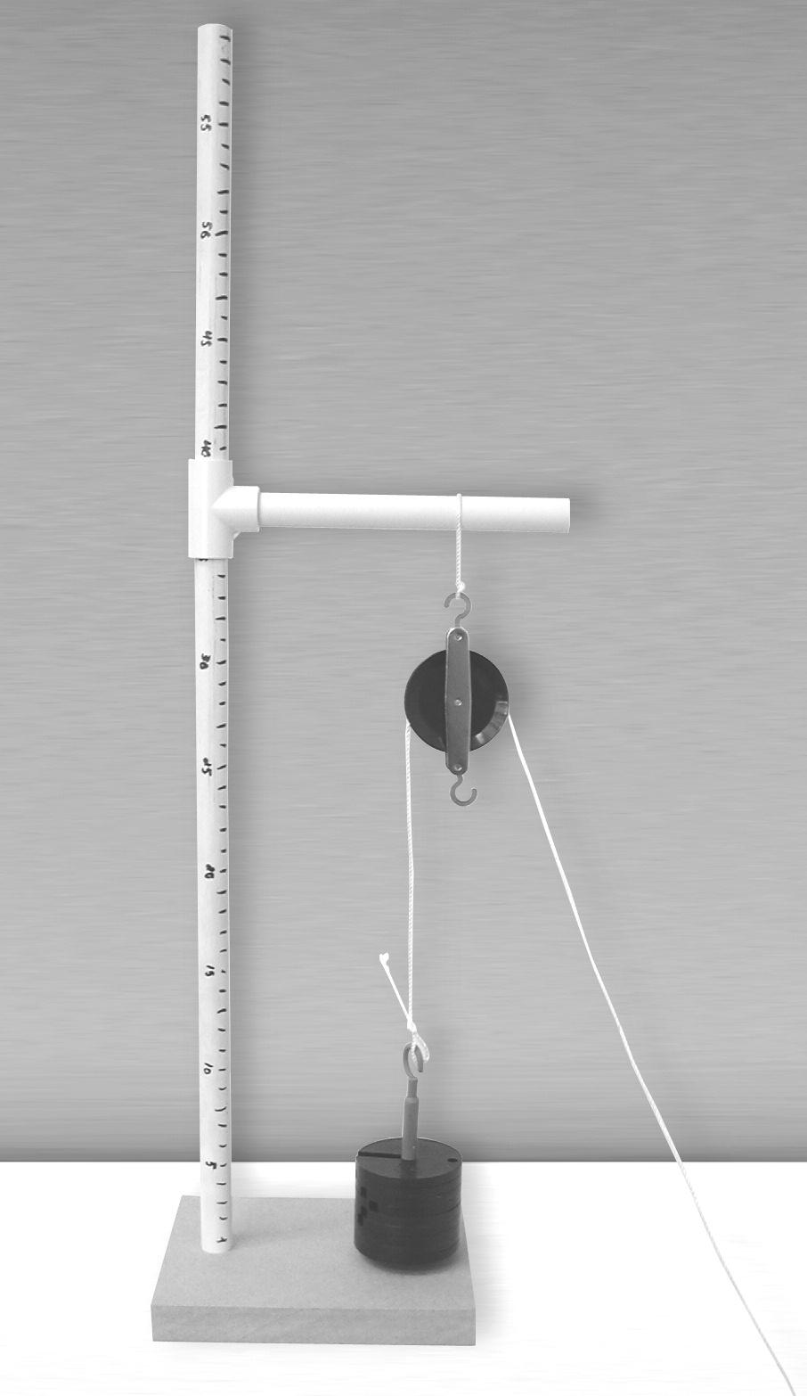 5. Thread the pulley cord over the groove of the hanging single pulley. 6. Tie a loop at one end of the pulley cord. Place the loop around the hook of the hanging mass.