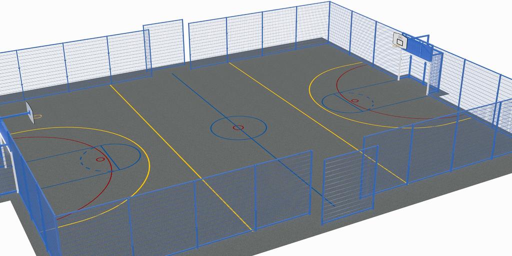 Features Goal Type A recess in the fence line provides storage space for free-standing goals and basketball hoops. The RSL Perform Goal unit complete with basketball hoops built in is shown.