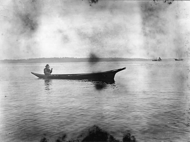 7. Coast Salish canoe in Port Townsend Bay, ca. 1900 The Coast Salish style canoe with its split prow evolved for use on Puget Sound and nearby waters.