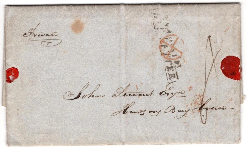 Redirected to Hudson s Bay House, London. Entered the mail at Deal and handstamped Deal Ship Letter and rated 1/4 Stg. collect to London. Docketed as arrived 25 October 1837 (186 day transit).