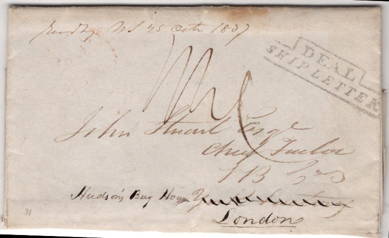 Carried by the Hudson s Bay Company ship to England and placed in the British mail at Deal (72 day transit). Contents relate that "...there is still a much greater evil lurking about, i.e. the small Pox, it has (caused) awful ravages among the Plains Tribes in the Saskatchewan.