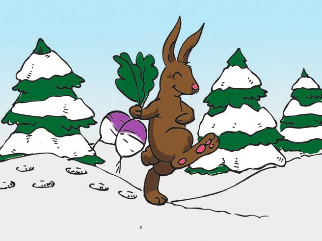 answer questions 1 4. One winter day, snow fell softly in the forest. Rabbit looked for food. He found two turnips. Rabbit said, Two turnips! I can eat only one. But I know who might want the other.