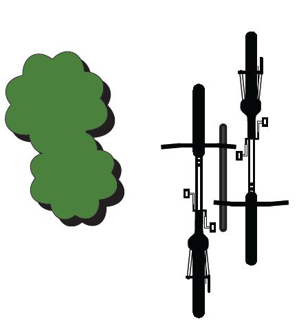 The rack element (part of the rack that supports the bicycle) should keep the bicycle upright by supporting the frame in two places without the bicycle frame touching the rack.