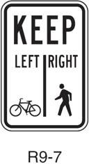 Because pedestrians typically travel at slower speeds than bicyclists, it is recommended that any signage direct pedestrians to walk on the right.