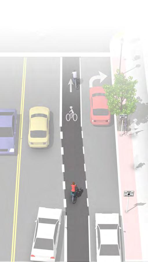 BIKE LANES AT RIGHT TURN ONLY LANES Description The appropriate treatment at right-turn lanes is to place the bike lane between the right-turn lane and the right-most through lane or, where