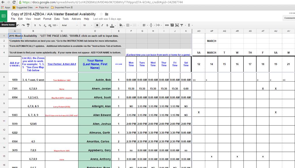 AIA Master Availability This is a Google Sheet that you must input your info and block dates you