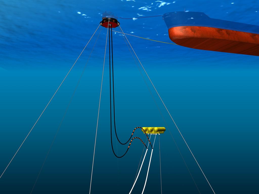 1) a submerged Flowline Termination Buoy (FTB) moored 75 to 100 meters below the water surface that serves as the support point for the mid-water flowlines, and 2) a conventional CALM-type buoy (SPM)