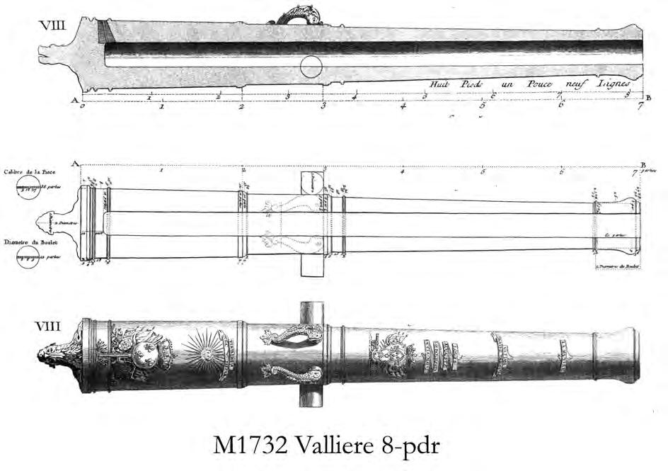 M1732 Long 8-pdr (25 cal) LA MUTINE: Calibre of 106mm, 265cm long (24 calibres), 1,030kg, and weight ratio of 260:1. Total weight of 2300kg.