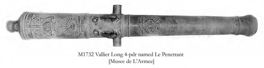 95 M1732 Valliere 4-pdr (26 cal) Interestingly the Prussians in 1762 were the first to rebore the M1732 Valliere 4-pdr to 6-pdr.