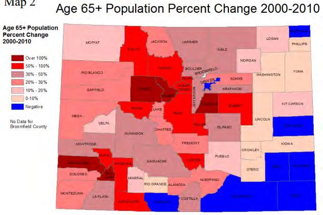 Figure 3: Change in 65+ population percent from 2000 to 2010 (Figure from Colorado State Demography Office, Aging in Colorado, 2012.) 2.